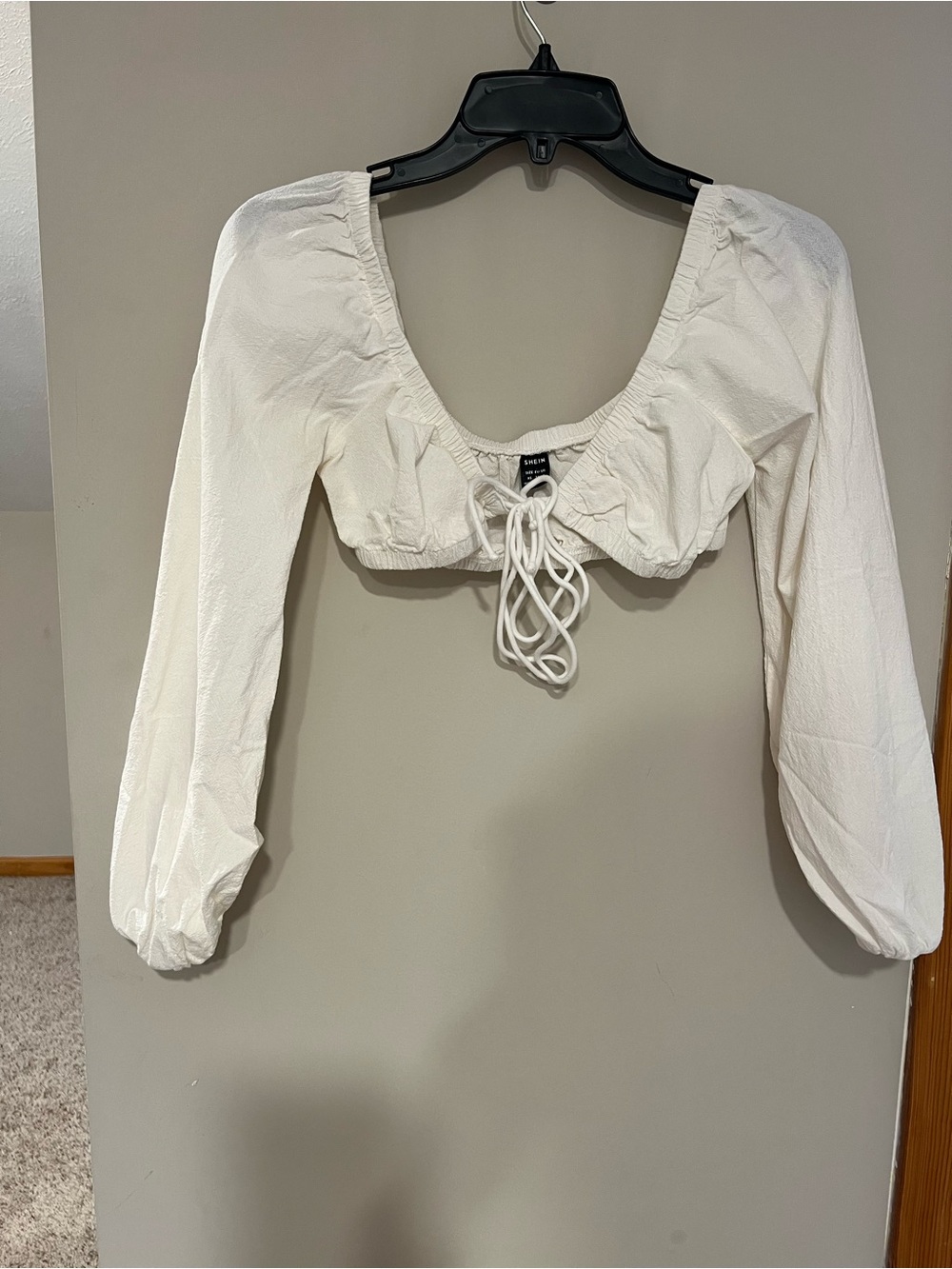 SHEIN Crop Top Peasant Tie Front Puff Sleeves White Women's XS Festival